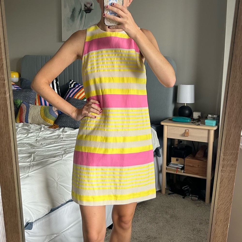 Ann Taylor LOFT Dobby Corded Yellow Pink Striped Sleeveless Shift Dress